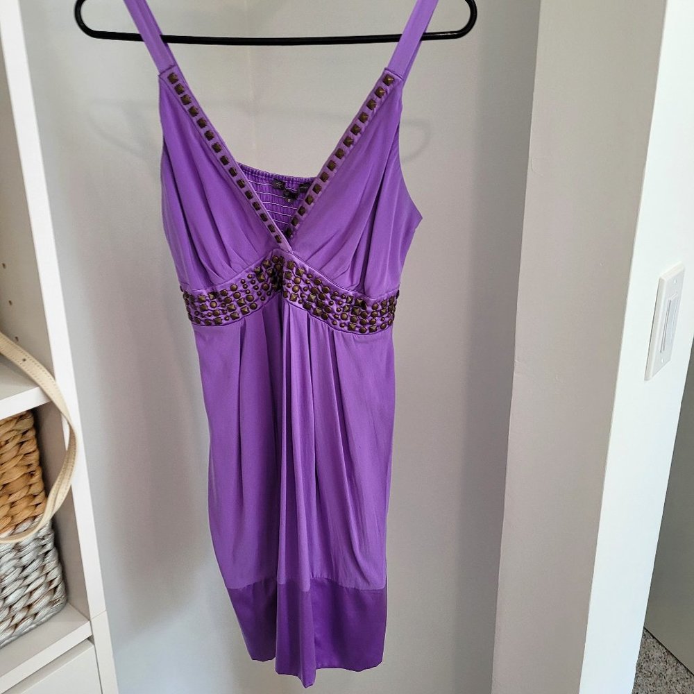 Hale Bob Empire Waist Dress with Studs and Smocked Back Short Silk Purple Bronze